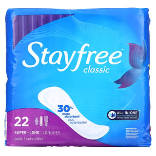 Stayfree, Serviettes hygiéniques classiques, super longues, sans parfum, 22 serviettes