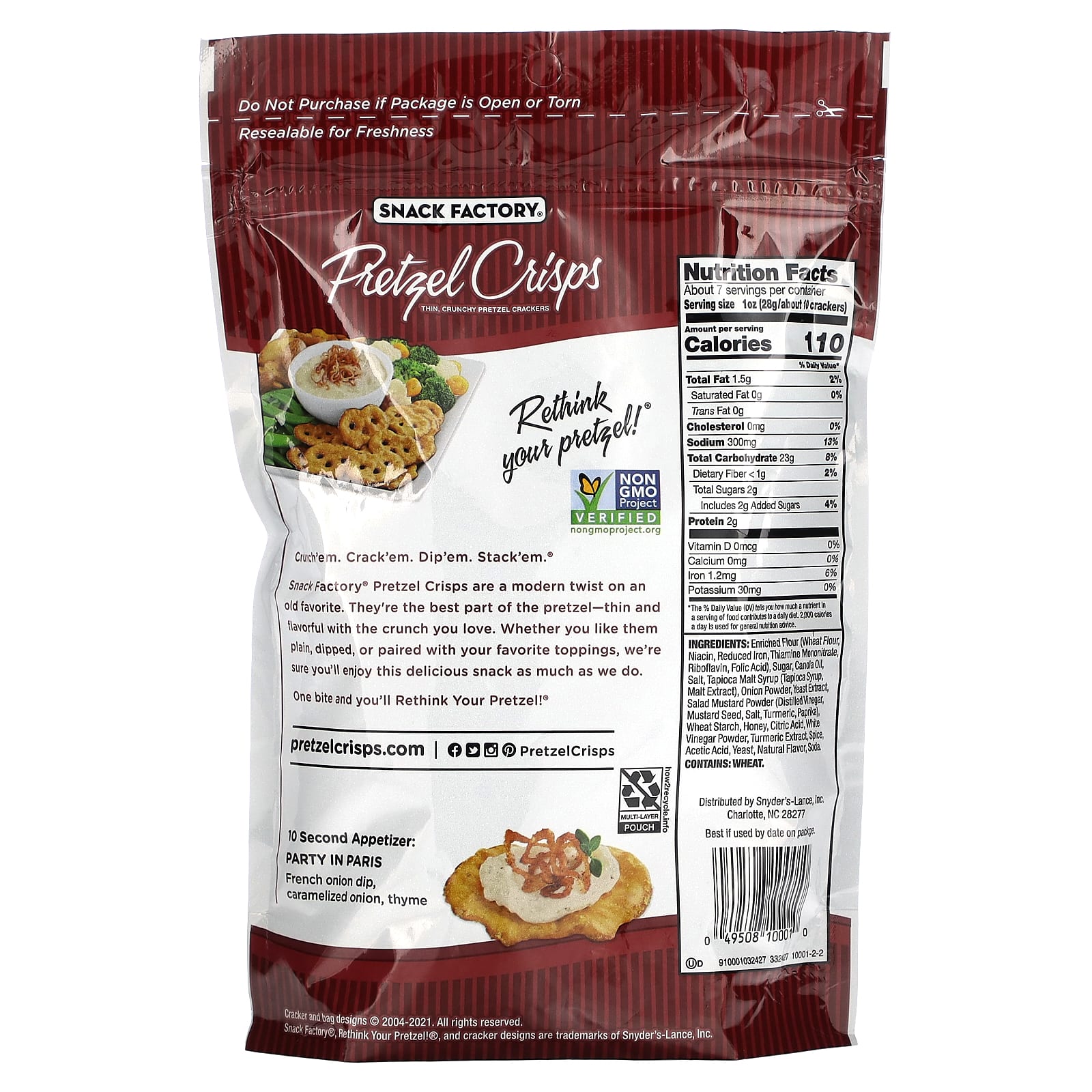 Snack Factory, Pretzel Crisps, Honey Mustard & Onion, Deli Style, 7.2