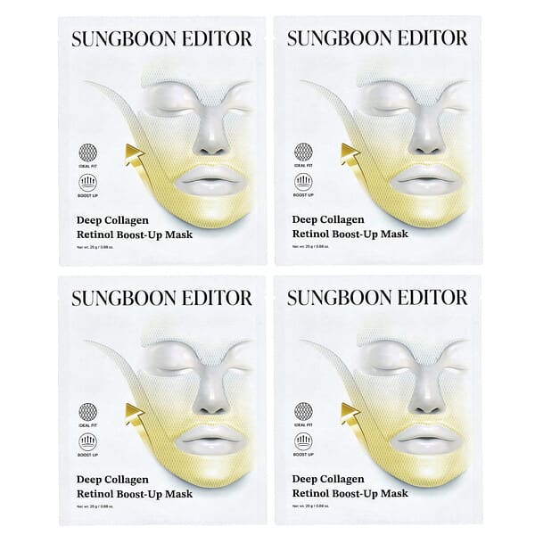 Sungboon Editor, มาสก์บำรุงผิวแบบกระตุ้นล้ำคอลลาเจนเรตินอล บรรจุ 4 แผ่น ขนาดแผ่นละ 0.88 ออนซ์ (25 ก.
