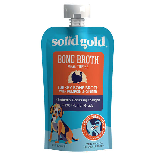 Solid Gold, Bone Broth Meal Topper สำหรับสุนัขทุกวัย รสไก่งวง ซุปกระดูกผสมฟักทองและขิง ขนาด 8 ออนซ์