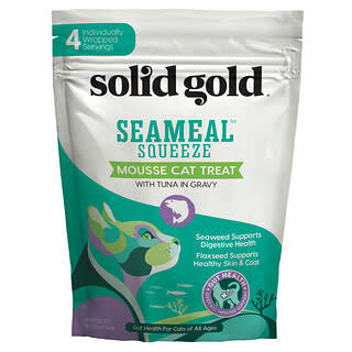 Solid Gold, SeaMeal™ Squeeze Mousse Cat Treat con tonno in salsa, per gatti, tutte le età, 4 buste, 14 g ciascuna