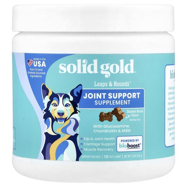 Solid Gold, Leaps & Hounds™, doplněk pro podporu kloubů, pro psy, uzená slanina, 120 měkkých žvýkacích pamlsků, 216 g