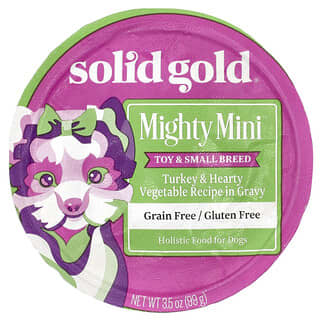 Solid Gold‏, Mighty Mini ™ ، للحيوانات الأليفة والكلاب الصغيرة ، ديك رومي والخضراوات القلبية في المرق ، 3.5 أونصة (99 جم)