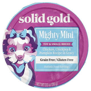 Solid Gold‏, Mighty Mini ™ ، للدمى والكلاب الصغيرة ، وصفة الدجاج والحمص واليقطين في المرق ، 3.5 أونصة (99 جم)