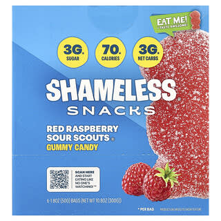 Shameless Snacks, Gummy Candy, Red Raspberry Sour Scouts, 6 Bags, 1.8 oz (50 g) Each