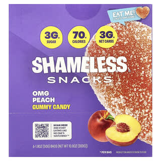 Shameless Snacks, Gummy Candy, OMG Peach, 6 Bags, 1.8 oz (50 g) Each