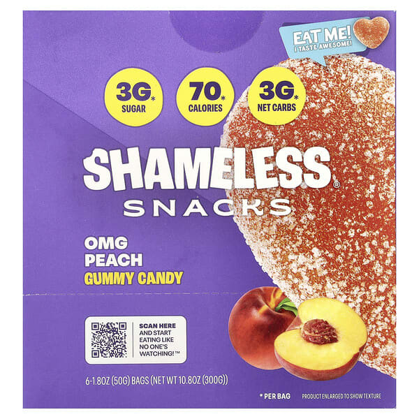 Shameless Snacks, Permen Permen Jeli, Persik OMG, 6 Kantong, Masing-Masing 50 g 1,8 ons
