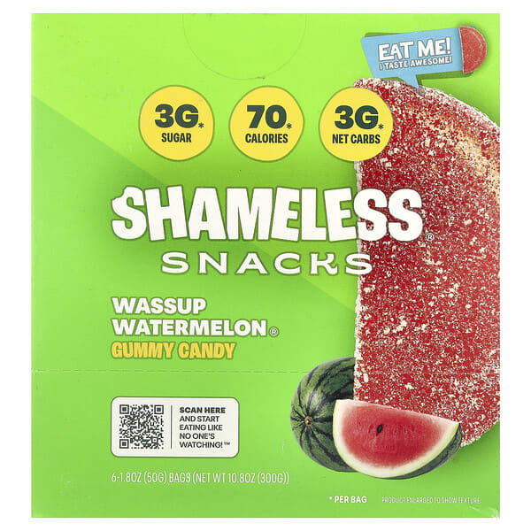 Shameless Snacks, Wassup Watermelon®，軟糖，6 袋，每袋 1.8 盎司（50 克）