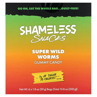 Shameless Snacks, Super Wild Worms Gummy Candy, Grüner Apfel und Erdbeere, 6 Beutel, je 50 g (1,8 oz.)