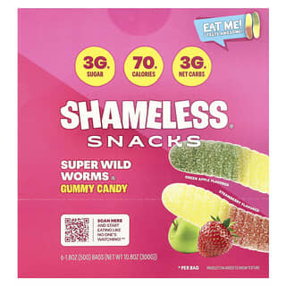 Shameless Snacks, Super Wild Worms® Gummy Candy, Green Apple and Strawberry, 6 Bags, 1.8 oz (50 g) Each