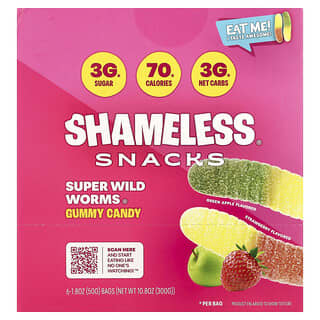 Shameless Snacks‏, סוכריות גומי ®Super Wild Worms, תפוח ירוק ותות, 6 שקיות, 50 גרם (1.8 אונקיות) כל אחת