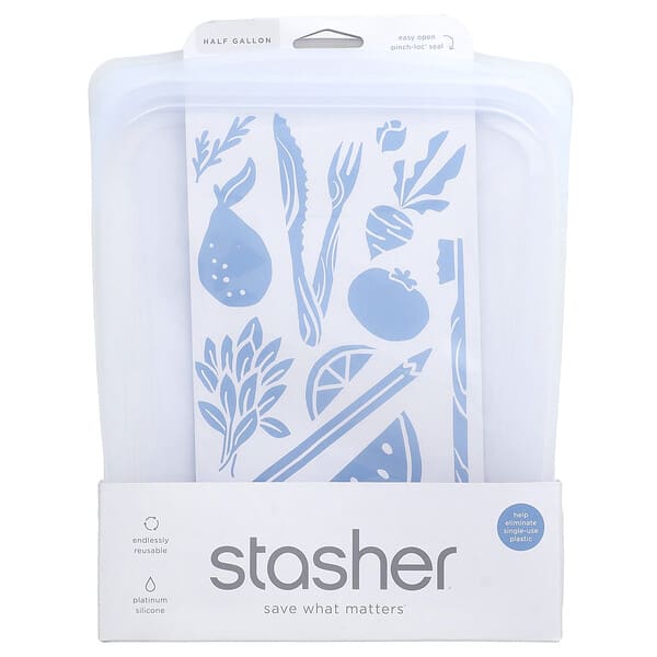 Stasher, Bolsa de silicona reutilizable para alimentos, Medio galón, Transparente, 1,89 l (64 oz. líq.)