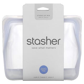 Stasher, Reusable Silicone Food Bag, Stand Up Mid, Clear, 56 fl oz (1,650 ml)