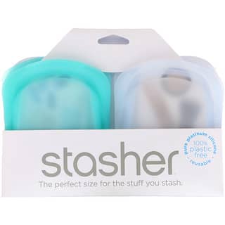 Stasher, Bolsillo de silicona reutilizable, Transparente y aguamarina, Paquete de 2, 42 g (4 oz) cada uno