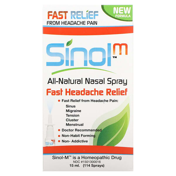 Sinol, SinolM, полностью натуральный назальный спрей, быстрое облегчение головной боли, 15 мл