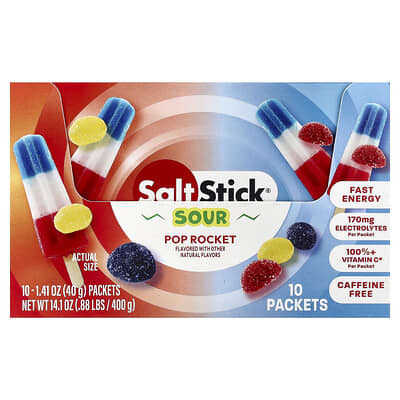 SaltStick, Energy Gummies, Sour Pop Rocket, 10 Pack, 1.41 oz (40 g) Each