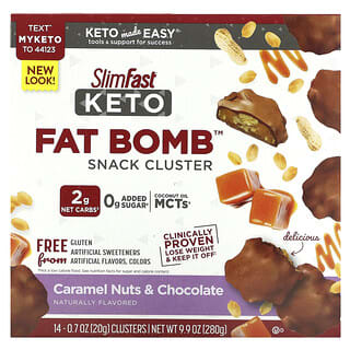 SlimFast‏, אשכול חטיפי פצצת שומן קטו, קרמל, אגוזים ושוקולד, 14 אשכולות, 20 גרם (0.7 אונקיות) ליחידה