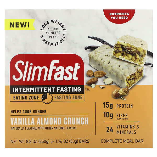 SlimFast, 断続的な断食、コンプリートミールバー、バニラアーモンドクランチ、5本、各50g（1.76オンス）