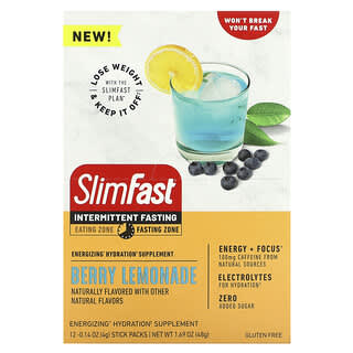 SlimFast, Jejum intermitente, Suplemento de Hidratação Energizante, Limonada de Frutos Silvestres, 12 Sticks, 4 g (0,14 oz) Cada