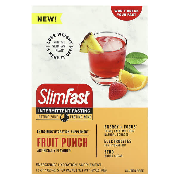 SlimFast, Intermittent Fasting, Energizing Hydration Supplement, Fruit Punch, 12 Sticks, 0.14 oz (4 g) Each