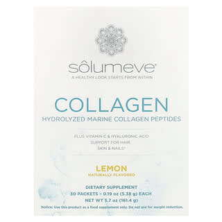 Solumeve, 海洋膠原蛋白肽 + 維生素 C 和透明質酸，檸檬味，30 包，每包 0.19 盎司（5.38 克）