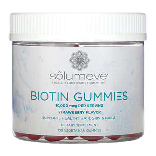 Solumeve, Biotin Gummies, Biotin-Fruchtgummis ohne Gelatine, Erdbeergeschmack, 5.000 mcg, 100 vegetarische Fruchtgummis