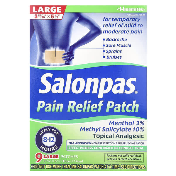 Salonpas, แผ่นแปะบรรเทาอาการปวด ขนาดใหญ่ กลิ่นมินต์ บรรจุ 9 แผ่น