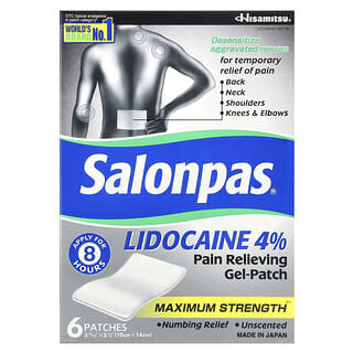 Salonpas, Lidocain 4% schmerzlinderndes Gel-Pflaster, maximale Stärke, parfümfrei, 6 Pflaster