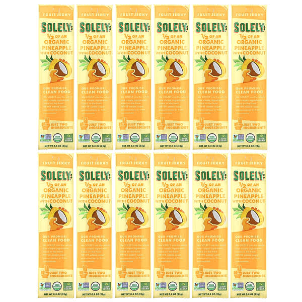Solely, Organic Fruit Jerky, Pineapple with Coconut, 12 Strips, 0.8 oz