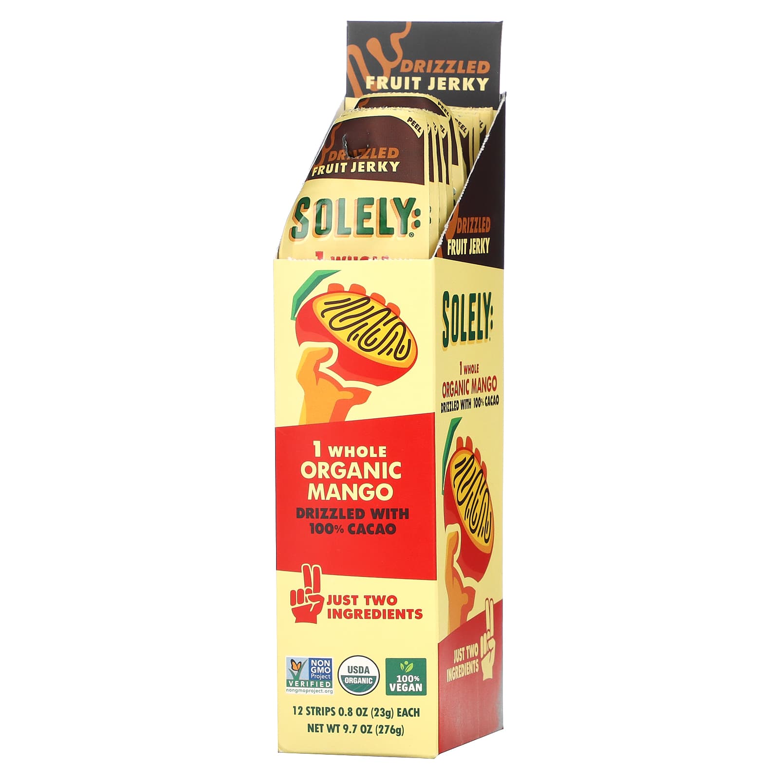 Solely, Organic Fruit Jerky, Mango Drizzled with 100 Cacao, 12 Strips