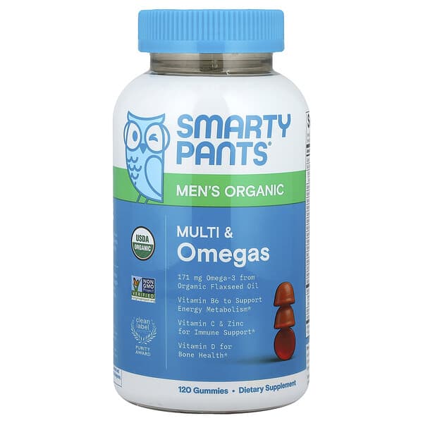 SmartyPants Men's Organic, Multi & Omegas Gummies, Raspberry, Lemon Lime, & Grape, 120 Gummies