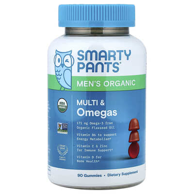 SmartyPants, Organic Men's Multivitamin & Omega Gummies, Raspberry, Orange & Cherry, 90 Gummies