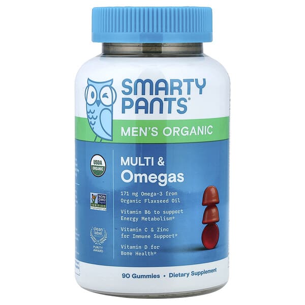 SmartyPants Men’s Organic Multi & Omegas Gummies, Raspberry, Orange, and Cherry, 90 Gummies