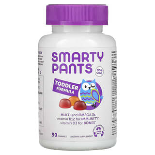 SmartyPants, Fórmula para niños pequeños, Suplemento multivitamínico con omega-3, Uva, naranja y arándano azul, 90 gomitas