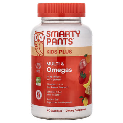 SmartyPants, Kids Plus, Multi & Omegas Gummies, Lemon, Orange, and Strawberry Banana, 80 Gummies