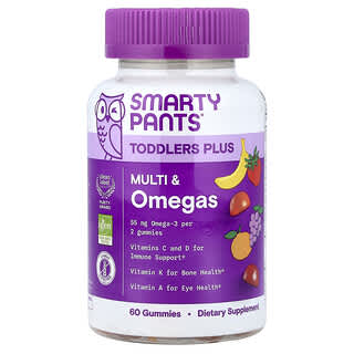 SmartyPants, Toddler Plus, Suplemento multivitamínico con omega, Uva, naranja y fresa, Plátano, 60 gomitas