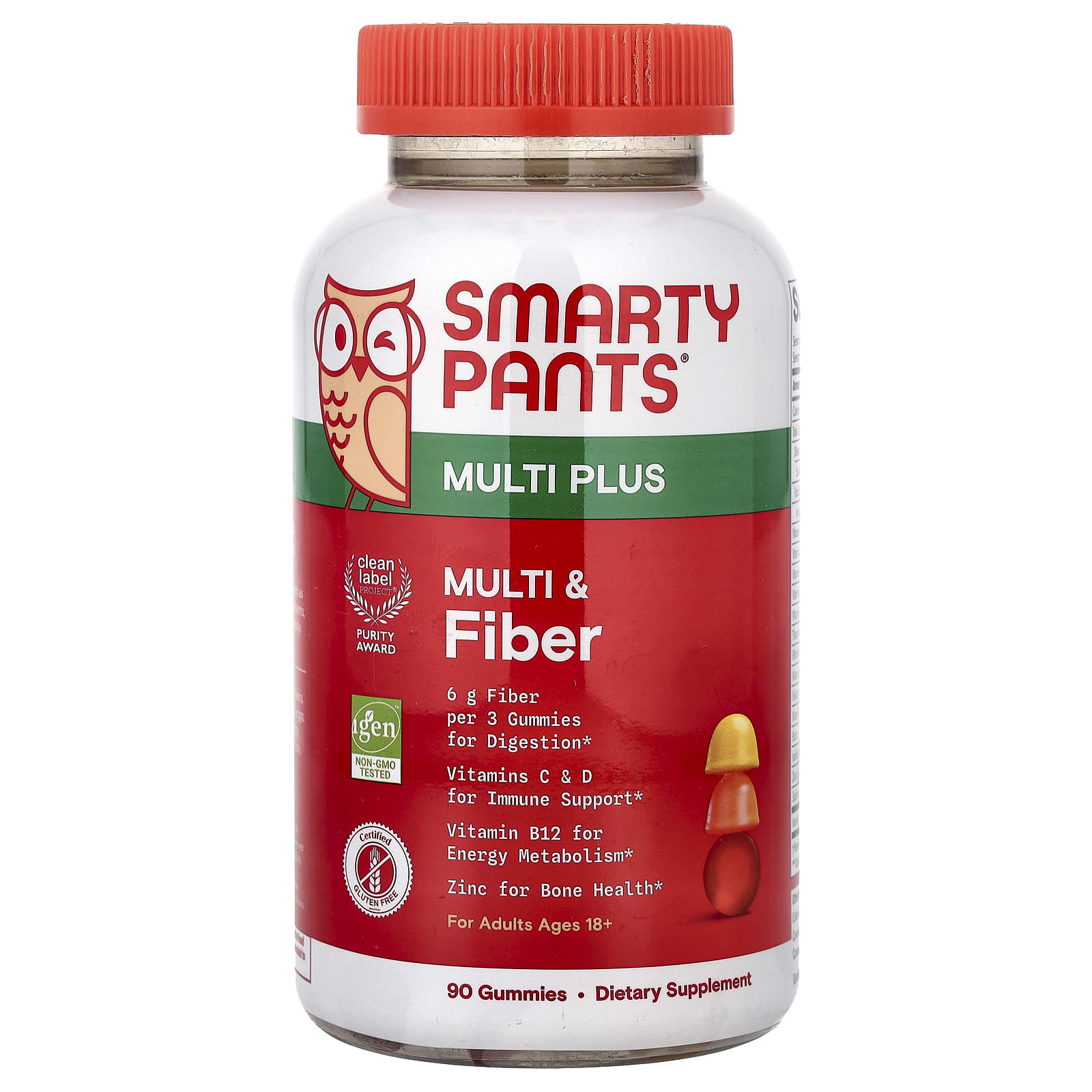 SmartyPants, Multi Plus, мультивитамины и клетчатка, жевательные таблетки, со вкусом клубники, апельсина и лимона, 90 жевательных таблеток