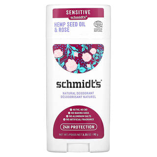 Schmidt's, Déodorant naturel, Sensible, Huile de graine de chanvre et rose, 92 g