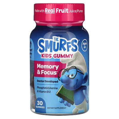 The Smurfs, Kids' Gummy, Memory & Focus, Ages 4+, Smurf Berry, 30 Gummies