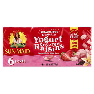 Sun-Maid, Enrobé de yaourt, raisins secs, fraise et vanille, 6 boîtes, 28,3 g chacune