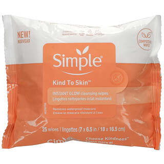 Simple Skincare, Kind to Skin, Instant Glow Cleansing Wipes, 25 Wipes