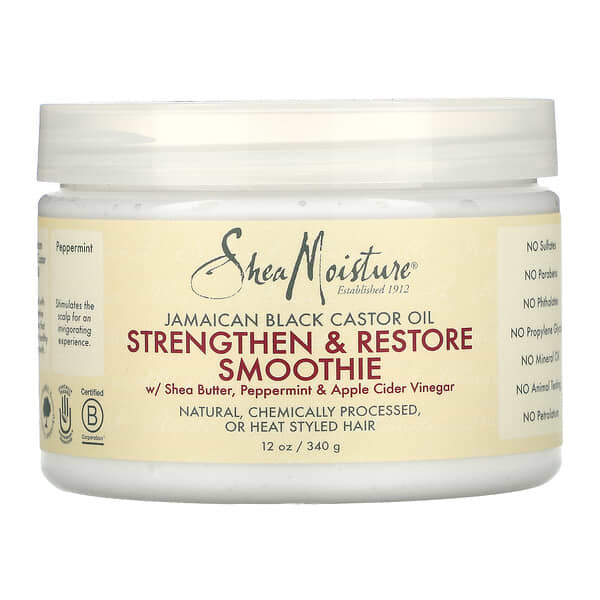SheaMoisture‏, שייק מחזק ומשקם Strengthen & Restore עם חמאת שיאה, נענע חריפה וחומץ תפוחים, שמן קיק ג‘מייקני, 340 גרם (12 אונקיות)