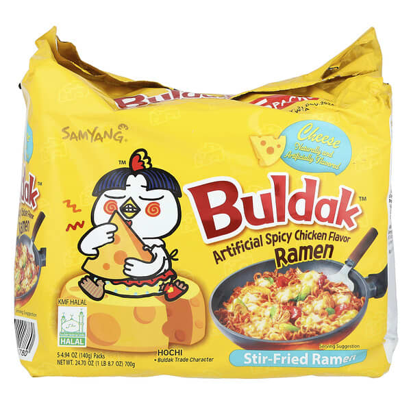 Buldak 煸炒拉麵，人造辣子雞味，乳酪，5 包，每包 4.94 盎司（140 克）