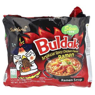 Samyang, Buldak, Sopa de Ramen, Tipo Ensopado, Frango Picante, 5 Pacotes, 145 g (5,11 oz) Cada