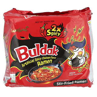 Samyang, Buldak, 2X ramen épicés sautés, Poulet épicé, 5 paquets, 140 g chacun