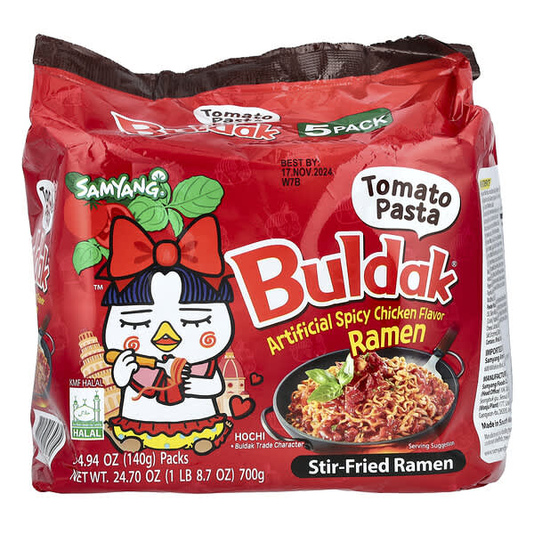 Buldak, Buldak®, Stir-Fried Ramen, Spicy Chicken, Tomato Pasta, 5 Packs, 4.94 oz (140 g) Each
