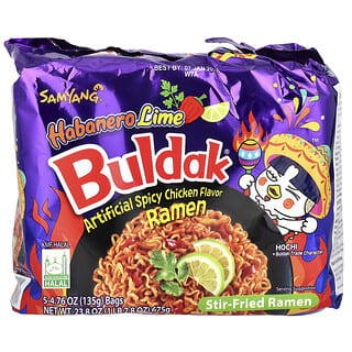 Samyang, Buldak®, Ramen sauté, Poulet épicé, Piment habanero et citron vert, 5 sachets, 135 g chacun