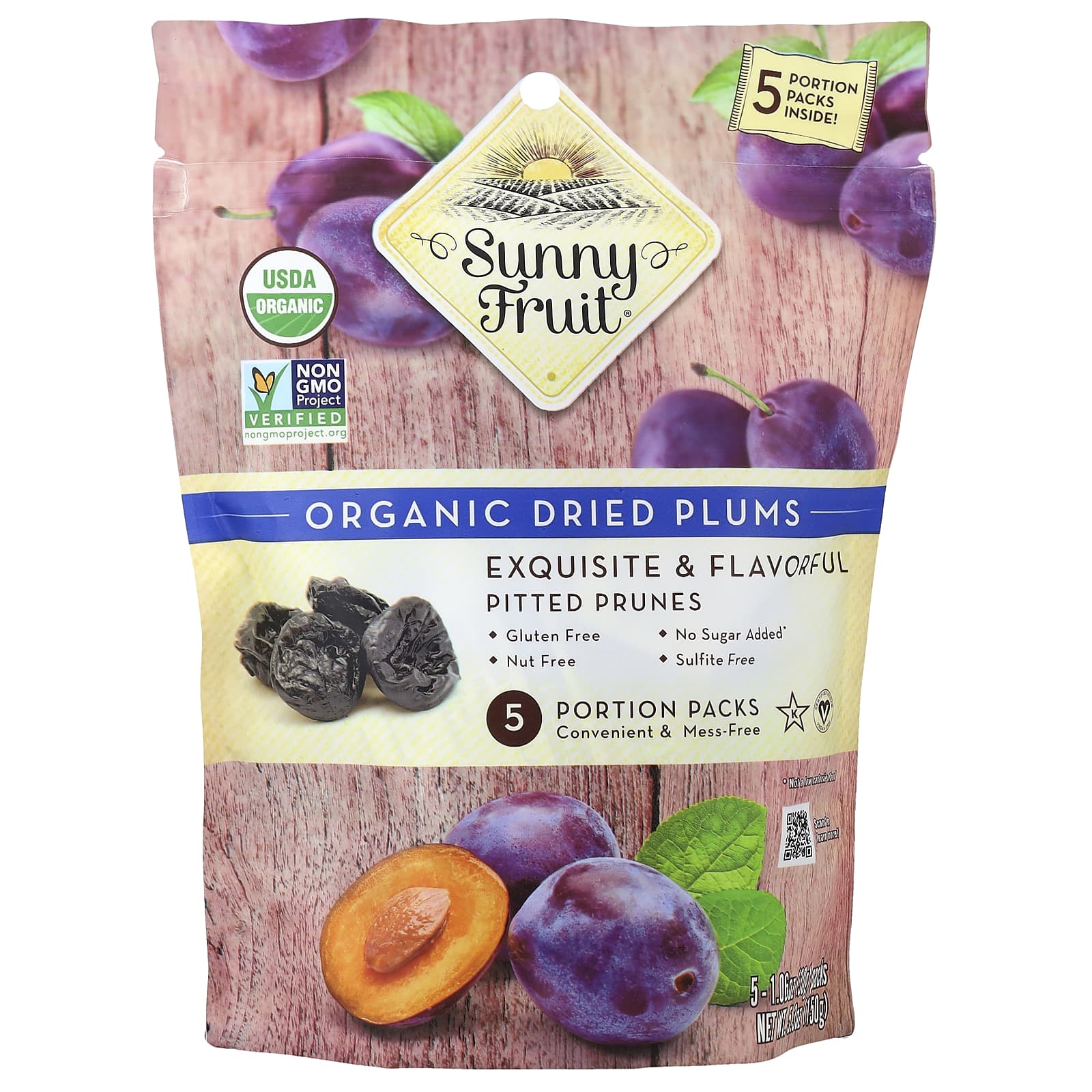 Sunny Fruit, органические сушеные сливы, 5 порционных пакетиков по 30 г (1,06 унции)