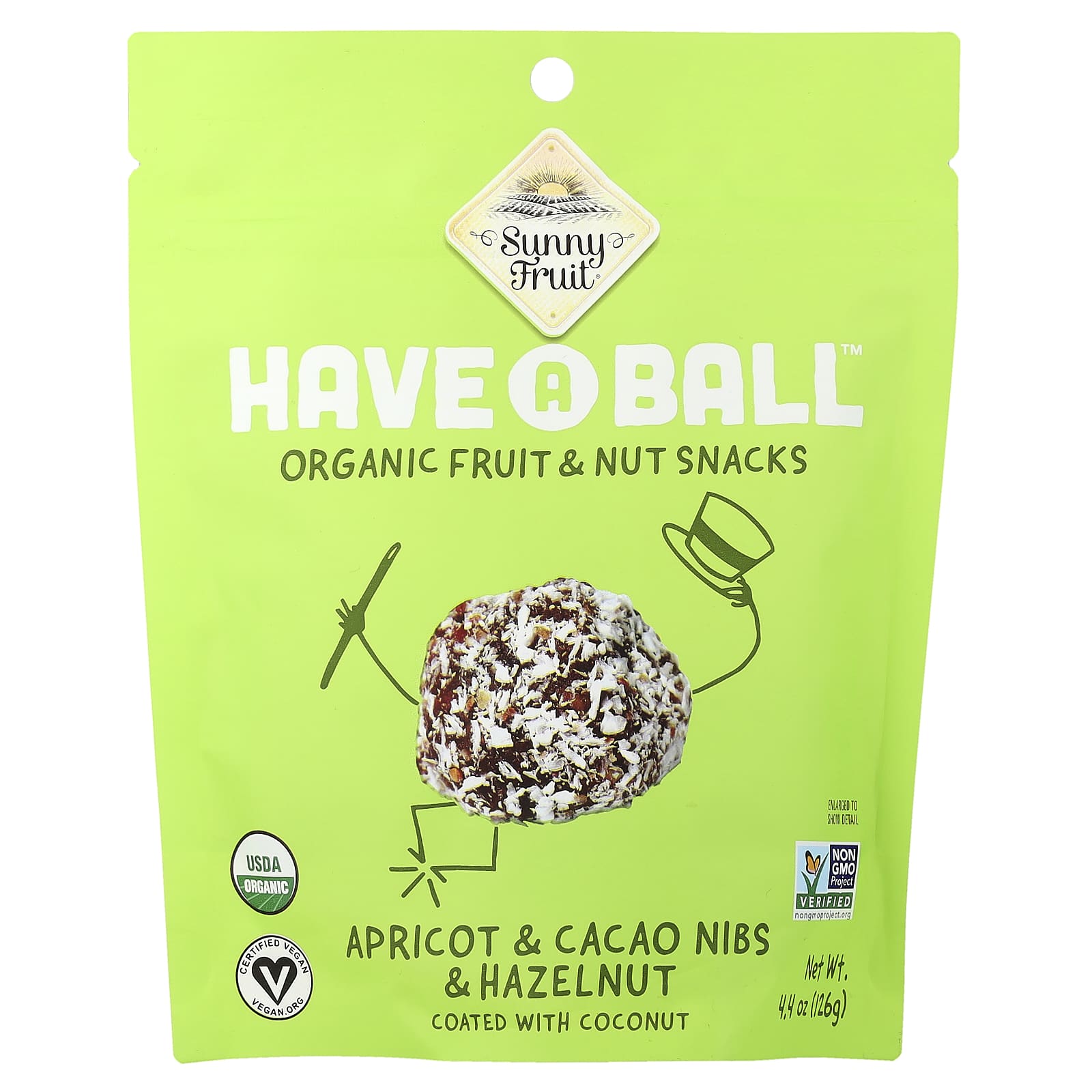 Sunny Fruit, have A Ball™, органические снеки с фруктами и орехами, абрикос, ядра какао-бобов и фундук, 126 г (4,4 унции)