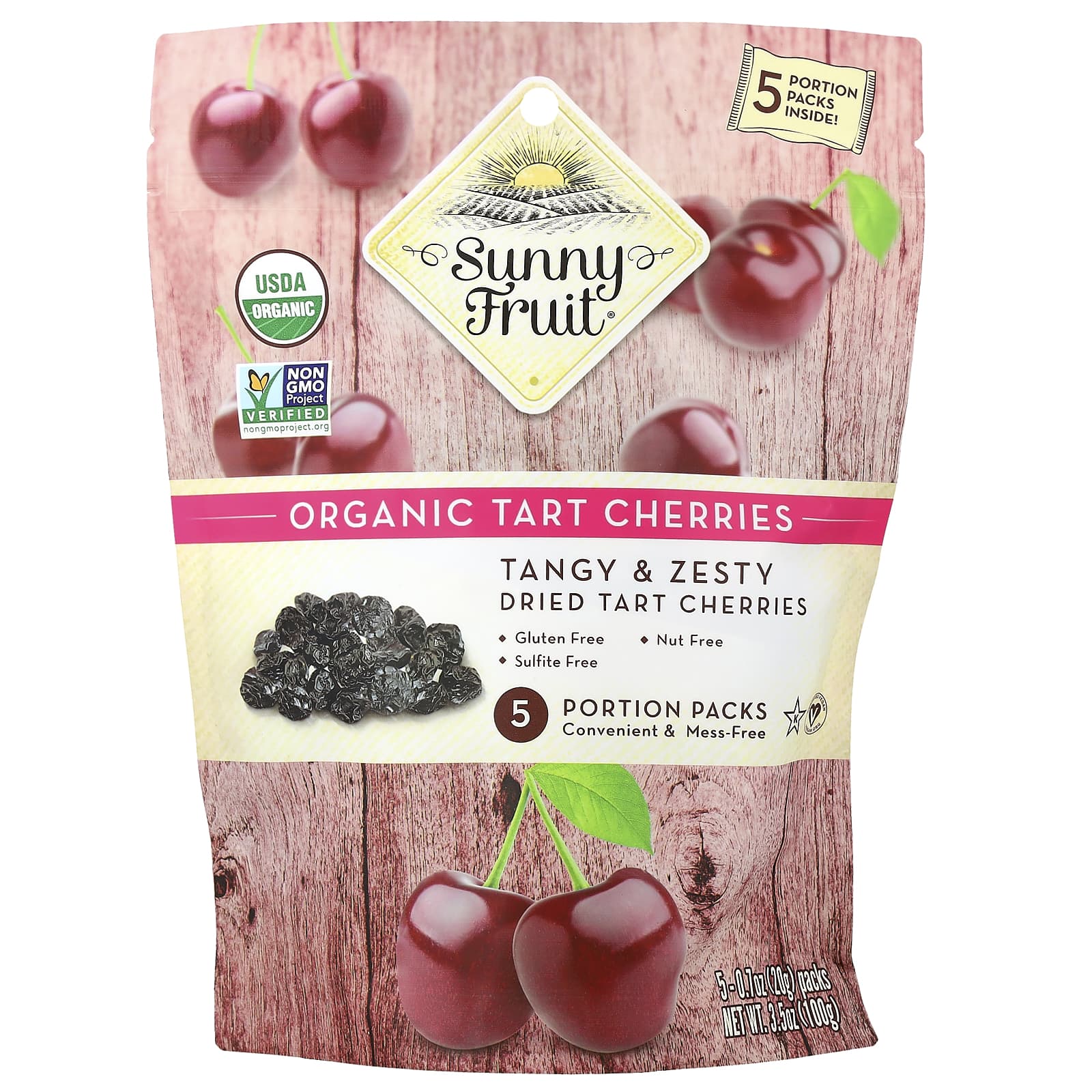 Sunny Fruit, органические сушеные вишни, 5 порционных пакетиков по 20 г (0,7 унции)